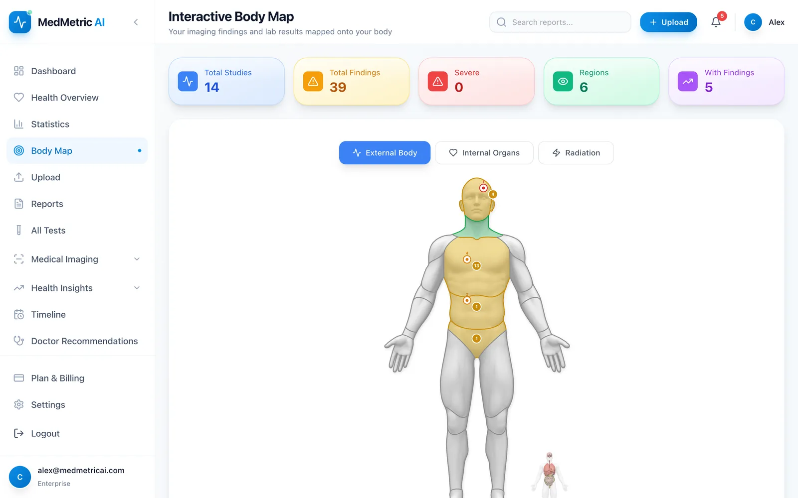 Interactive body map with findings placed on the affected organs